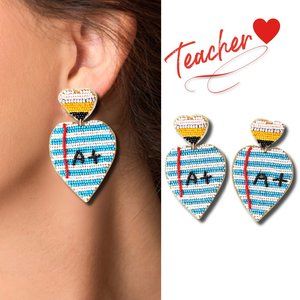 Teacher Love Gift Pencil Paper Theme Seed Beaded School Statement Earrings NEW